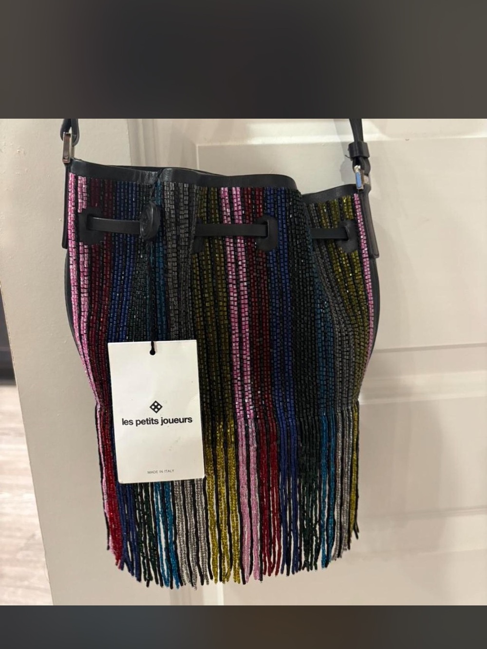 Les Petits Joueurs Multicolor Beaded Fringe Shoulder Bag in Black Trim